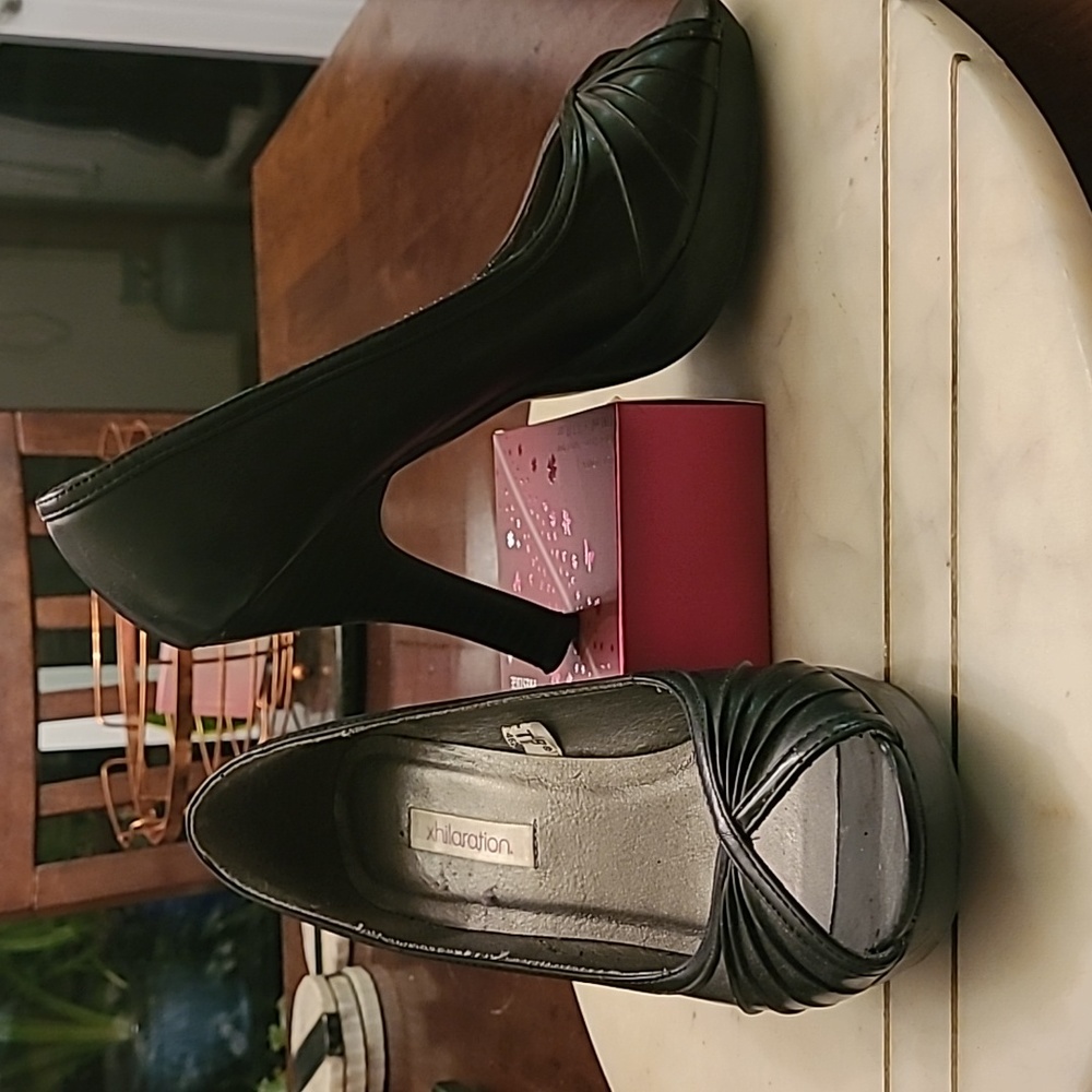 Black faux leather peeptoe heels